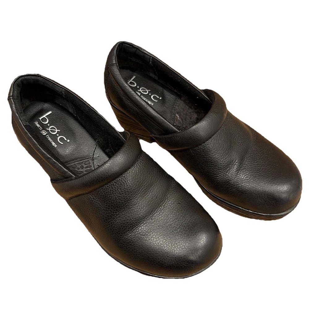 b.ø.c Born Concept 7 Black Leather Comfort Clog Nursing Shoes Women Slip-On EUC!
